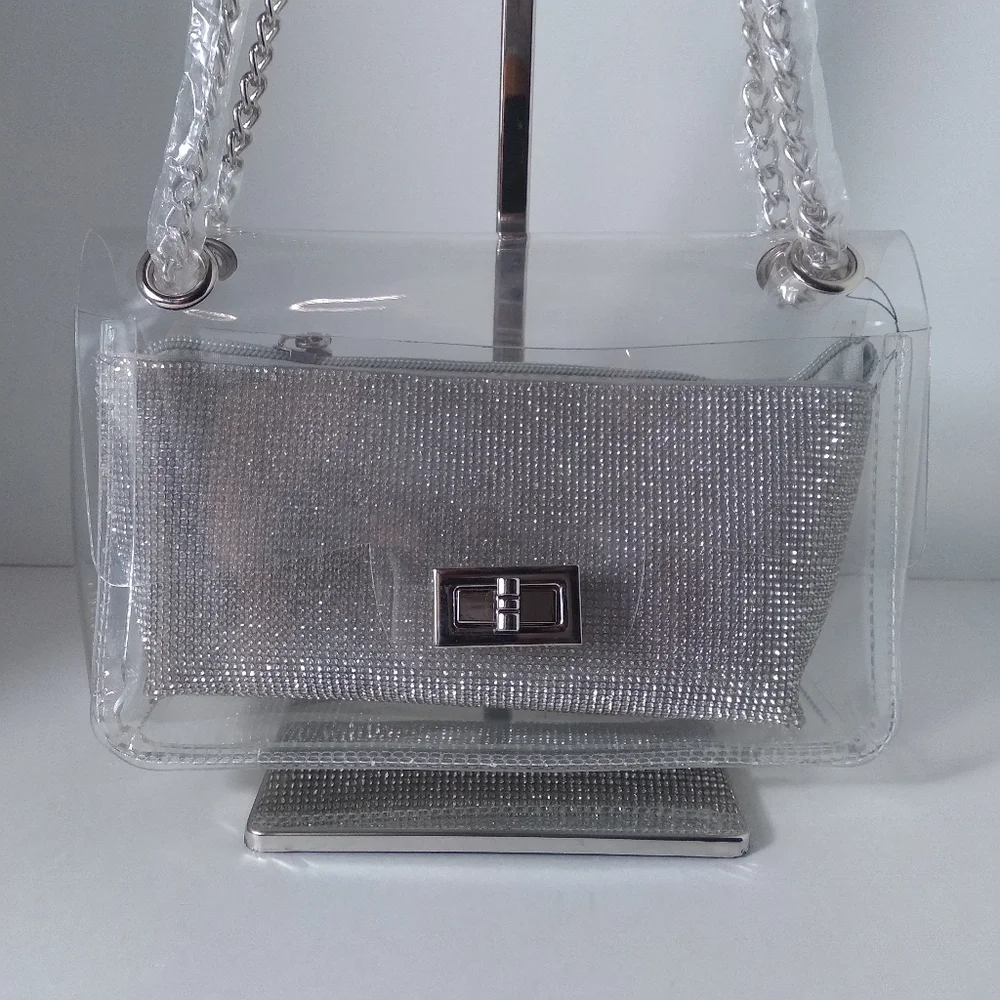 Elegant Clear/Silver Crystal-Embellished Removable Pouch  Bag
